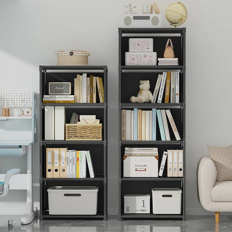 Two dark gray shelving units of different heights on a rug in a child's room