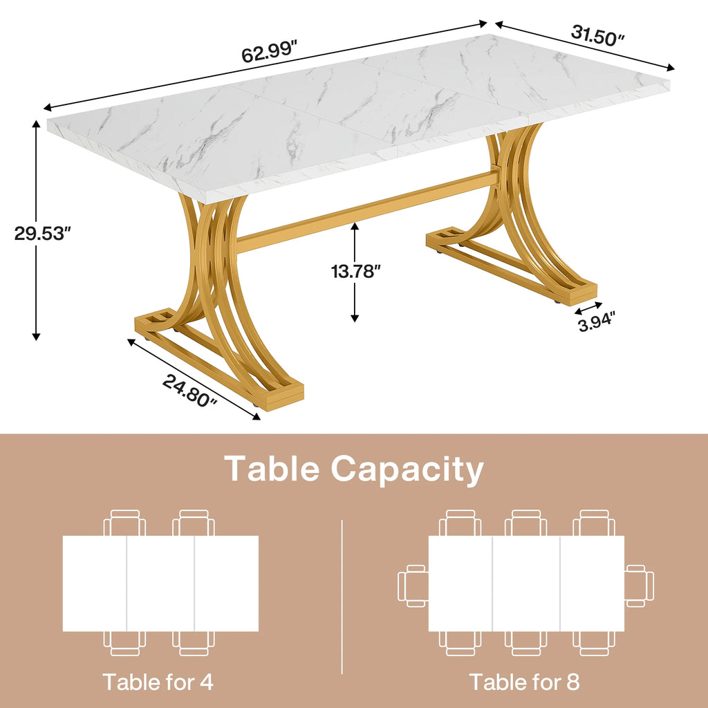 Size chart of the dining table in inches with seating diagrams for four and six