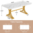 Size chart of the dining table in inches with seating diagrams for four and six