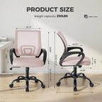Size panel with front and side views of the pink mesh chair and a load label