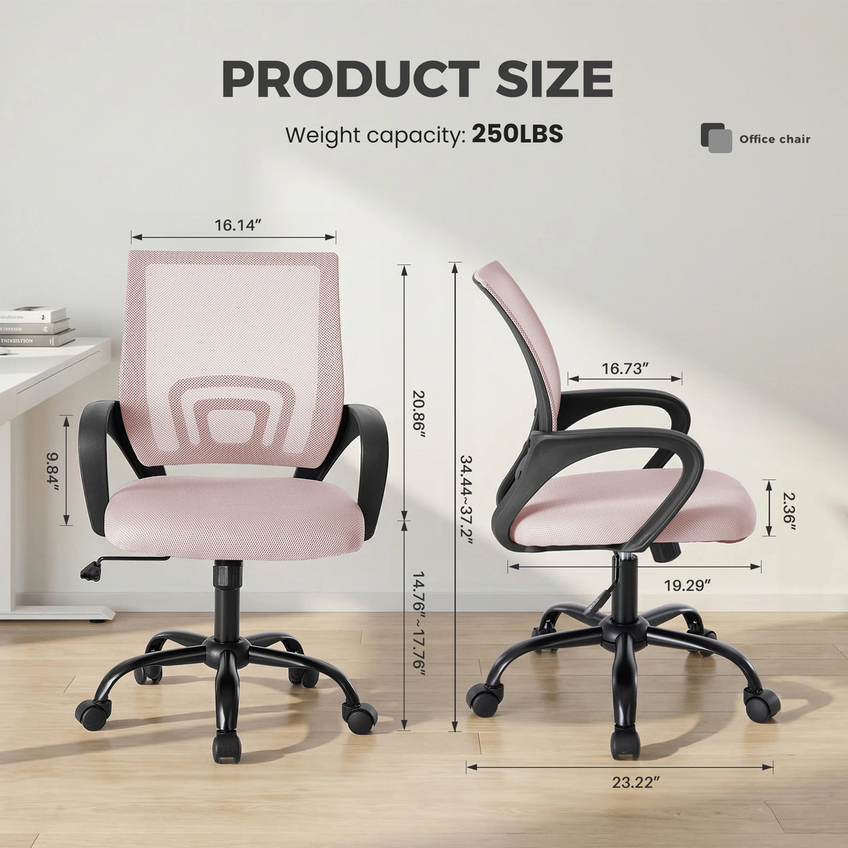 Size panel with front and side views of the pink mesh chair and a load label
