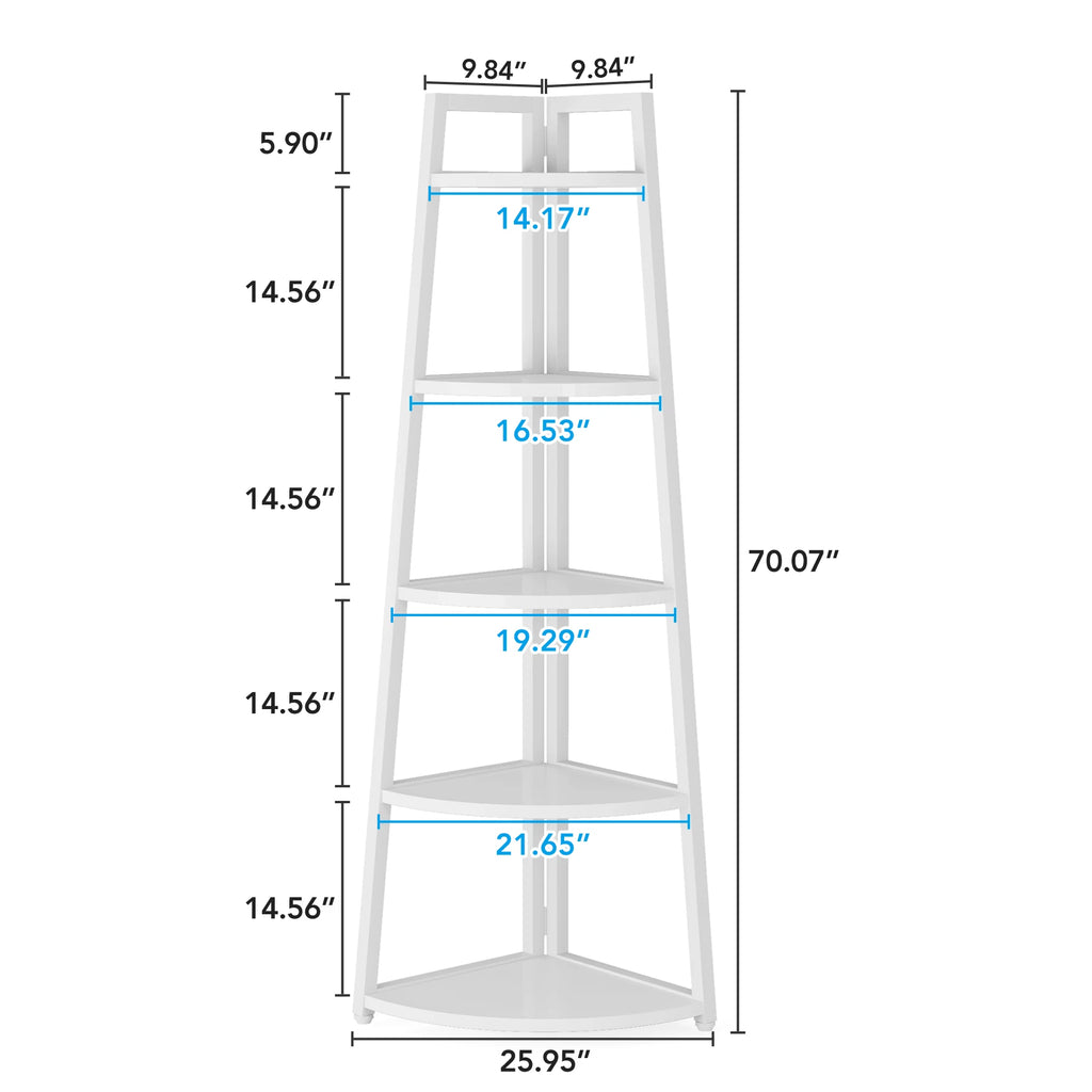 Size chart marking shelf widths, tier heights and total height of the white corner shelf