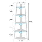 Size chart marking shelf widths, tier heights and total height of the white corner shelf