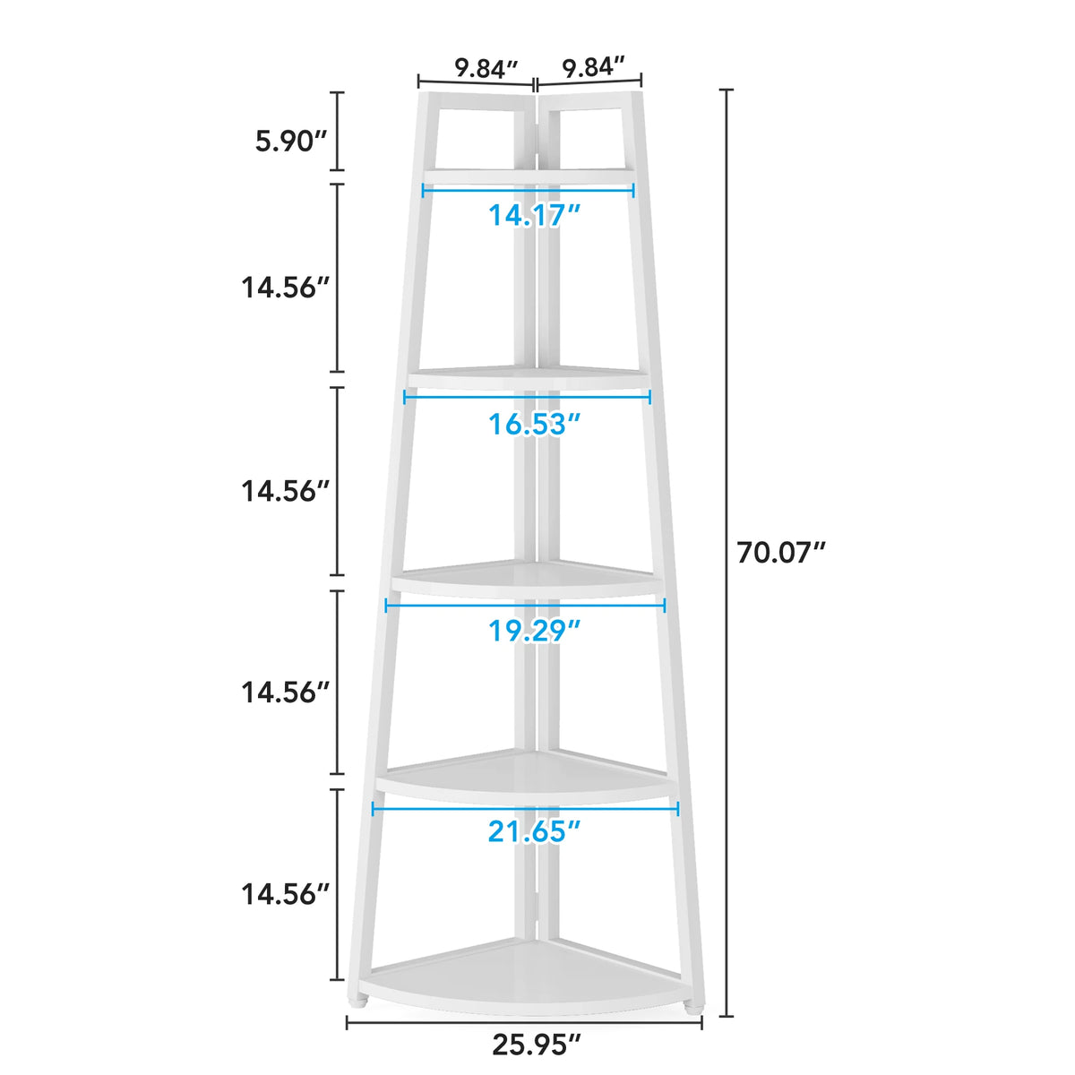 Size chart marking shelf widths, tier heights and total height of the white corner shelf
