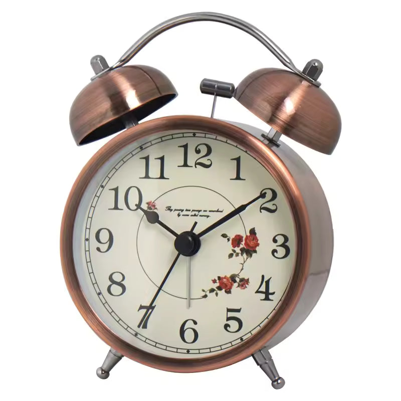 Twin Bell Alarm Clock, 12.5 cm / 4.9 in Metal Quartz Bedside Timepiece with a Backlit Dial, Roman or Arabic Numerals, for Bedroom and Desk