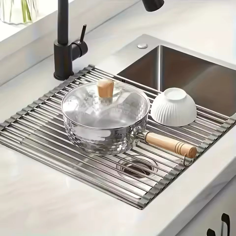 Roll Up Dish Drying Rack, 304 Stainless Steel Over Sink Drainer with Silicone Edges, Foldable Kitchen Sink Mat, Three Sizes