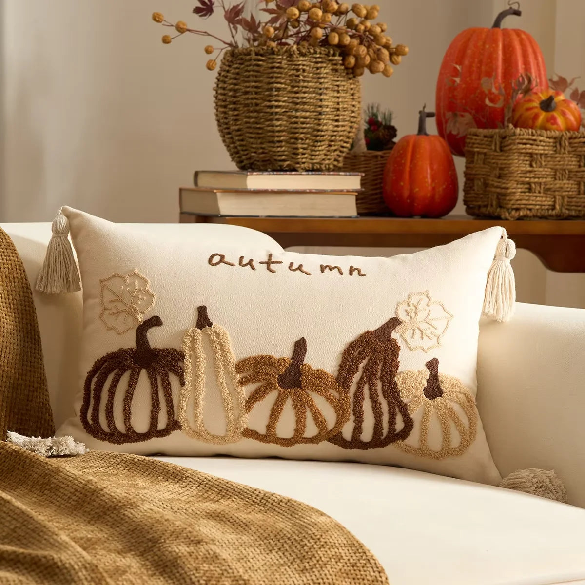 Autumn lettered velvet lumbar pillow cover
