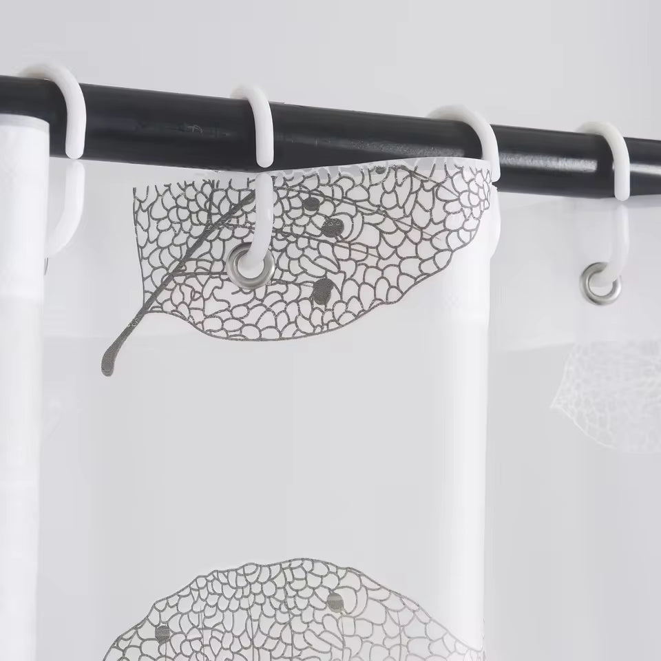 Leaf Print Shower Curtain Liner, Semi Transparent PEVA Bath Panel with Plastic Hooks and Reinforced Grommets, for Tubs and Stalls