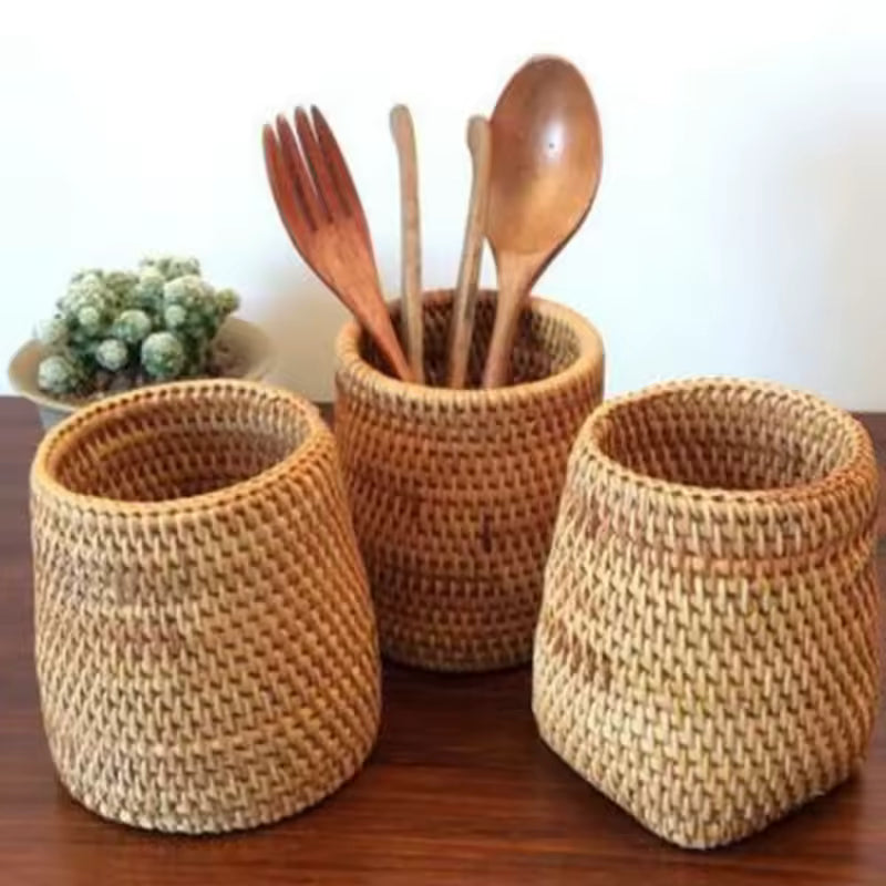 Rattan Storage Basket for Silverware and Chopsticks, Woven Vine Utensil Holder 10 cm / 3.9 in Tall, Kitchen Counter and Dining Table Caddy