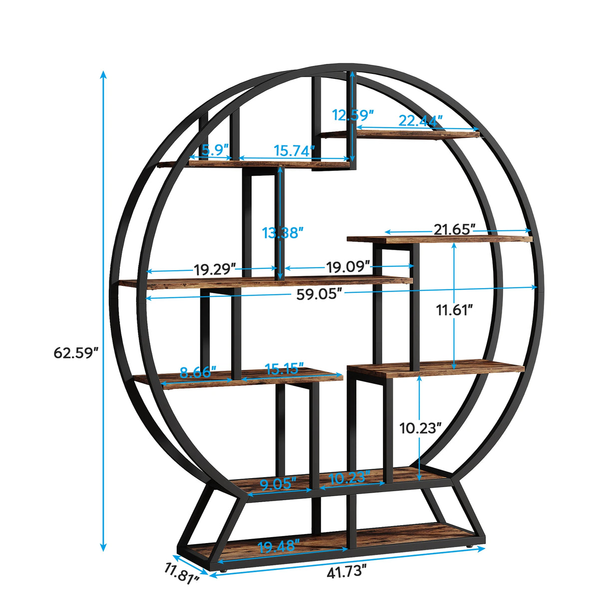 Dimension diagram of the circle bookcase showing shelf widths and overall height