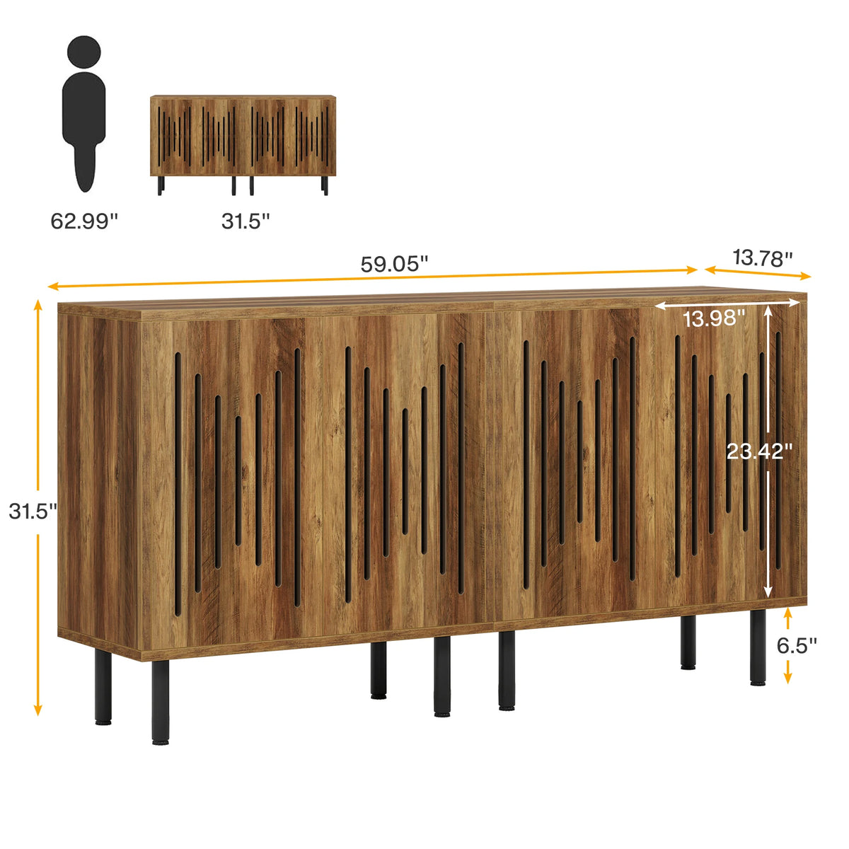 Dimension diagram of the sideboard with a figure beside it for scale