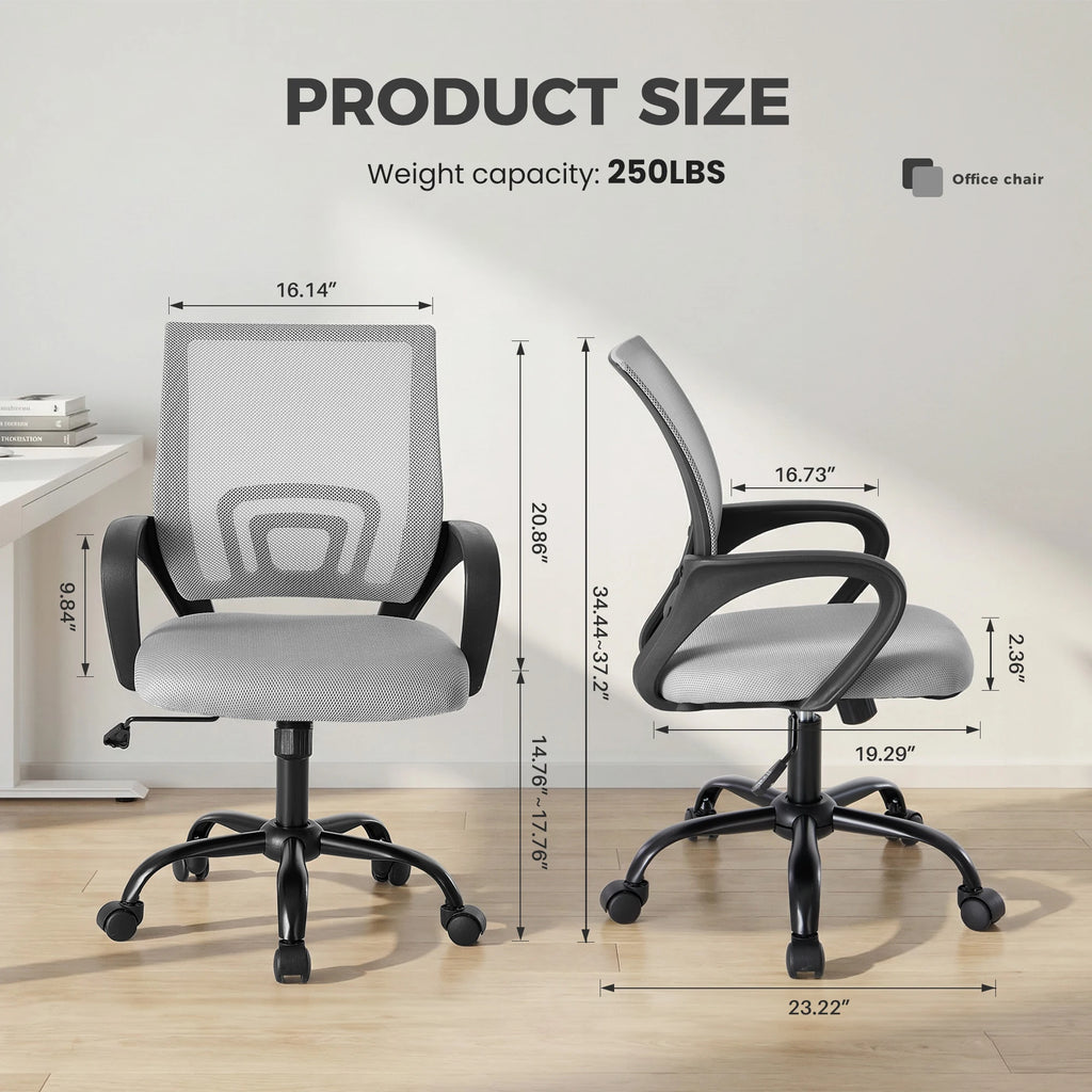 Size panel with front and side views of the gray mesh chair and a load label