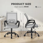 Size panel with front and side views of the gray mesh chair and a load label