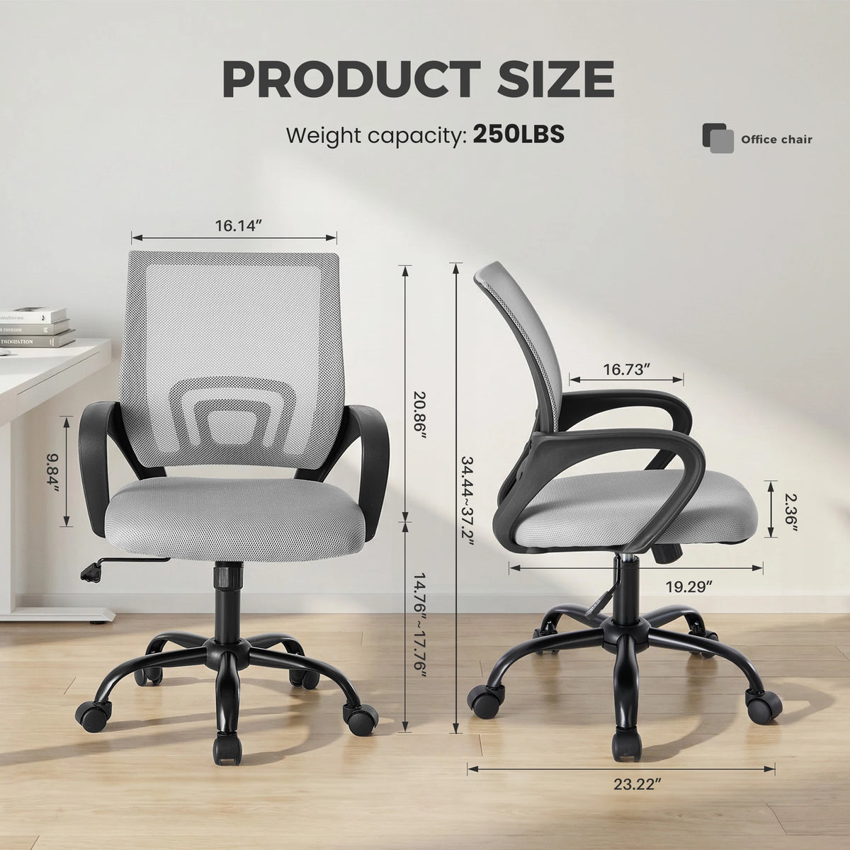 Size panel with front and side views of the gray mesh chair and a load label