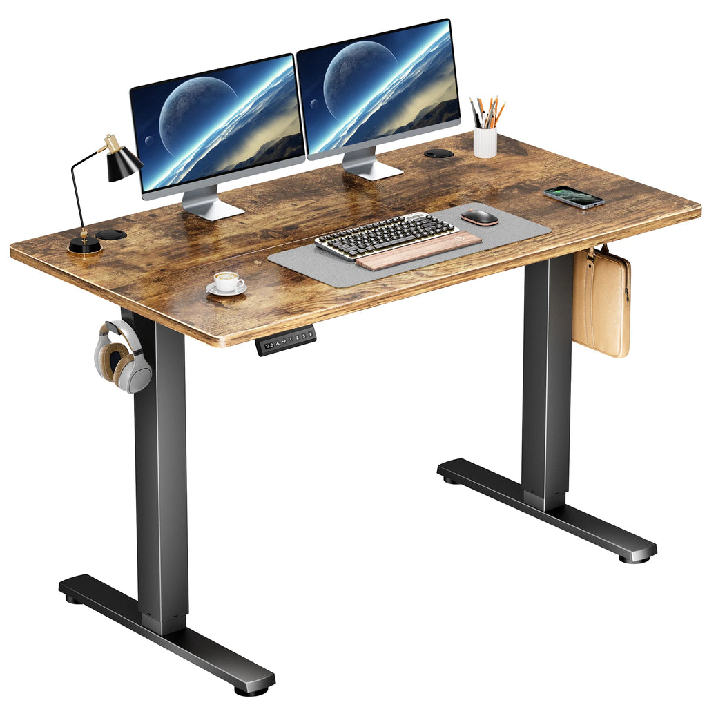 Rustic brown desktop on a black lift frame with two monitors and a keyboard on white