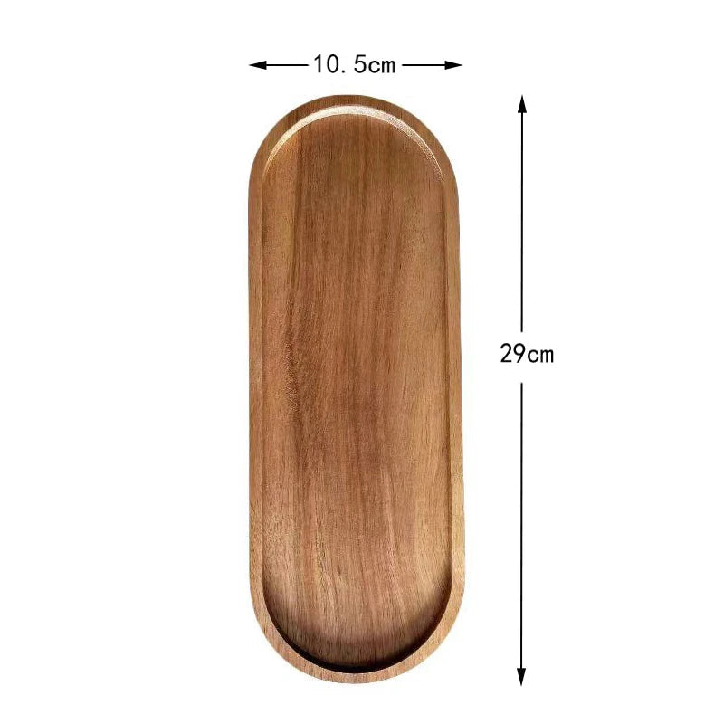 Size chart of the narrow oval wooden tray marking its length and width