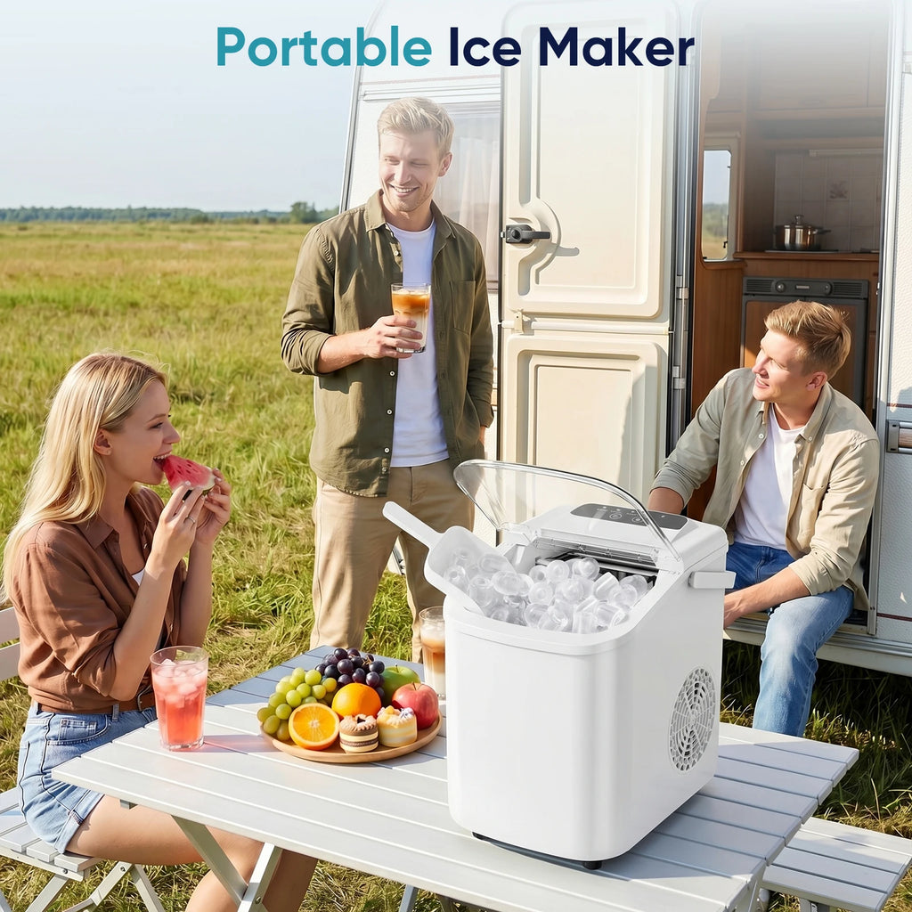 Portable ice machine on a folding outdoor table while three people share cold drinks and fruit
