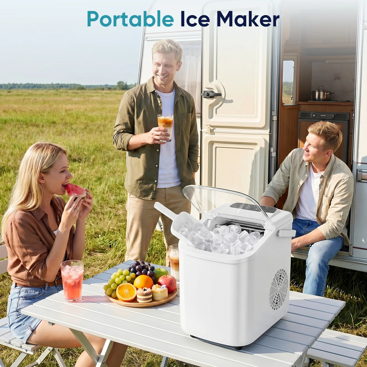 Portable ice machine on a folding outdoor table while three people share cold drinks and fruit