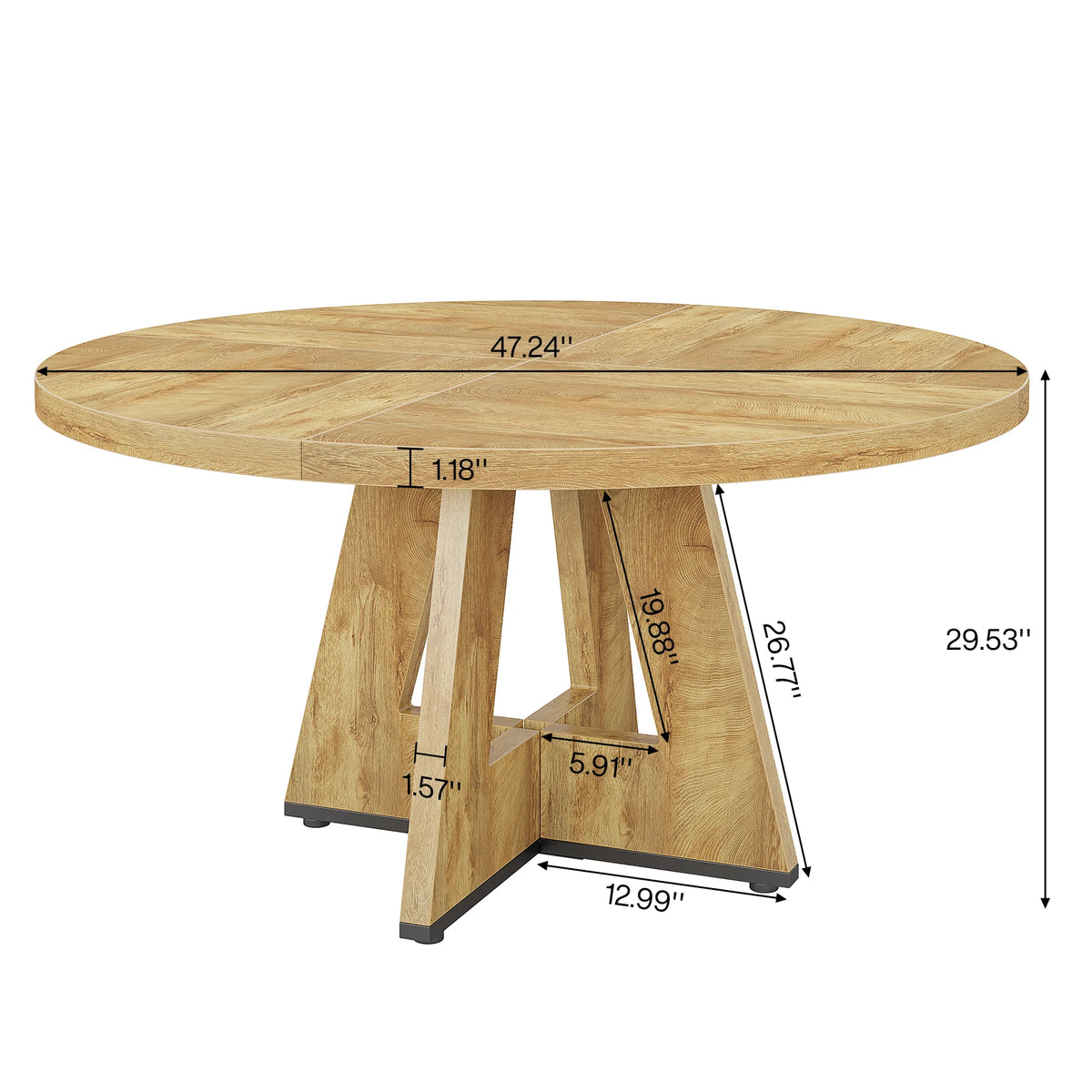 Dimension diagram of the round table in a light oak finish with the same base