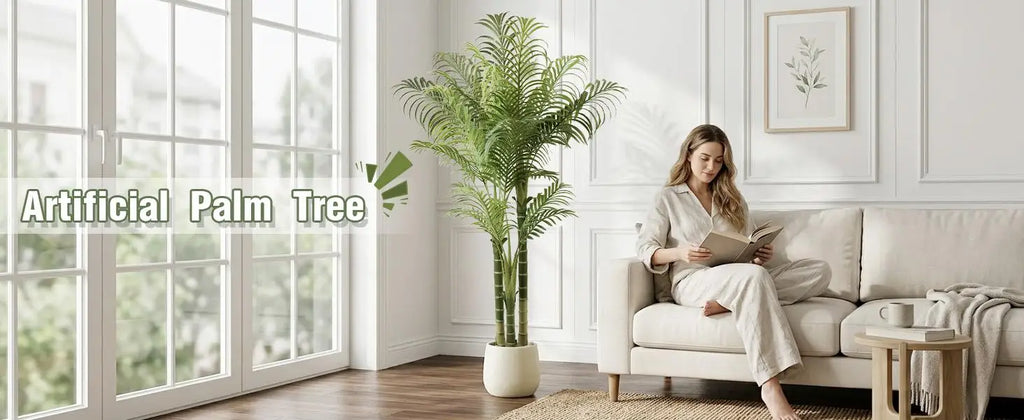 Banner with a woman reading on a sofa beside the palm at a sunny window