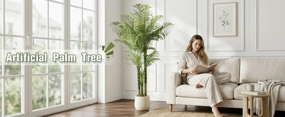 Banner with a woman reading on a sofa beside the palm at a sunny window