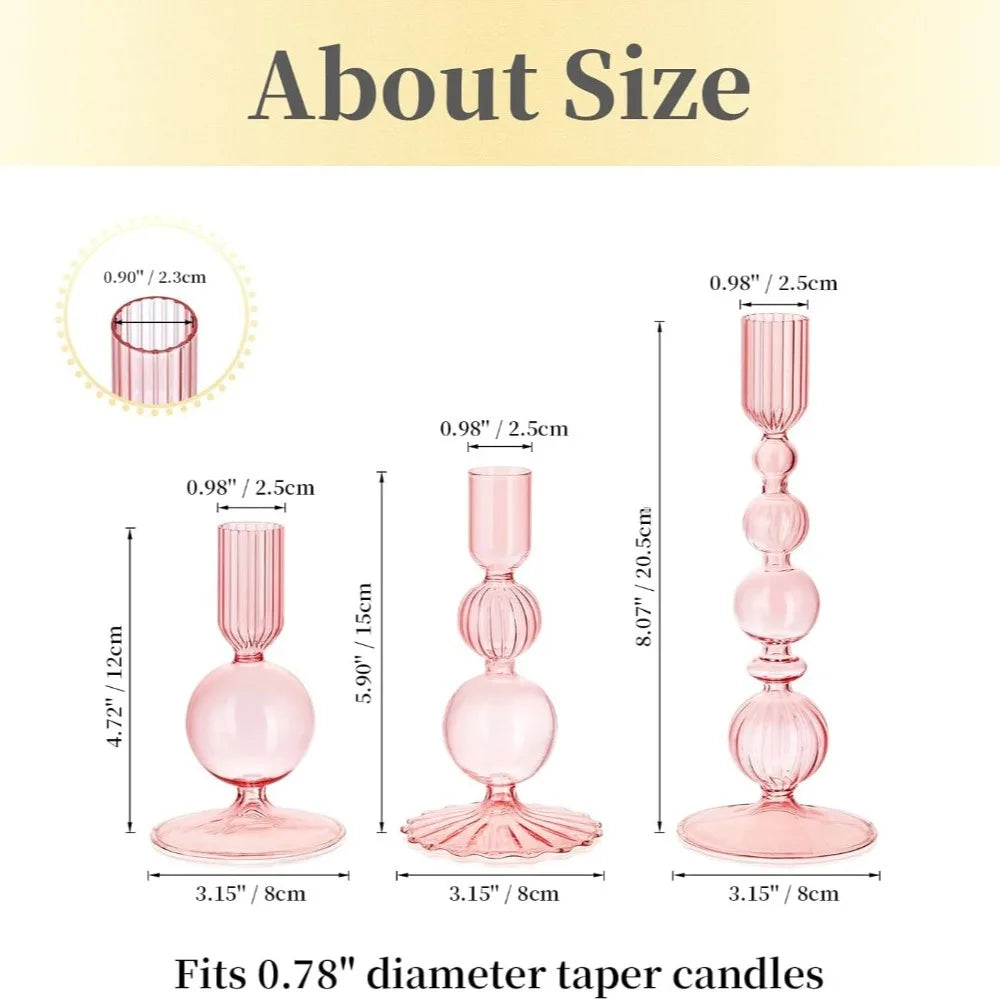 3Pcs Pink Glass Candlestick Holders Glass Taper Candle Holders Groovy Wavy Elegant Candle Stick for Home Party Decoration
