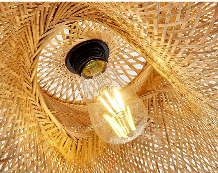 Close view inside the woven shade showing the bulb and black lamp holder