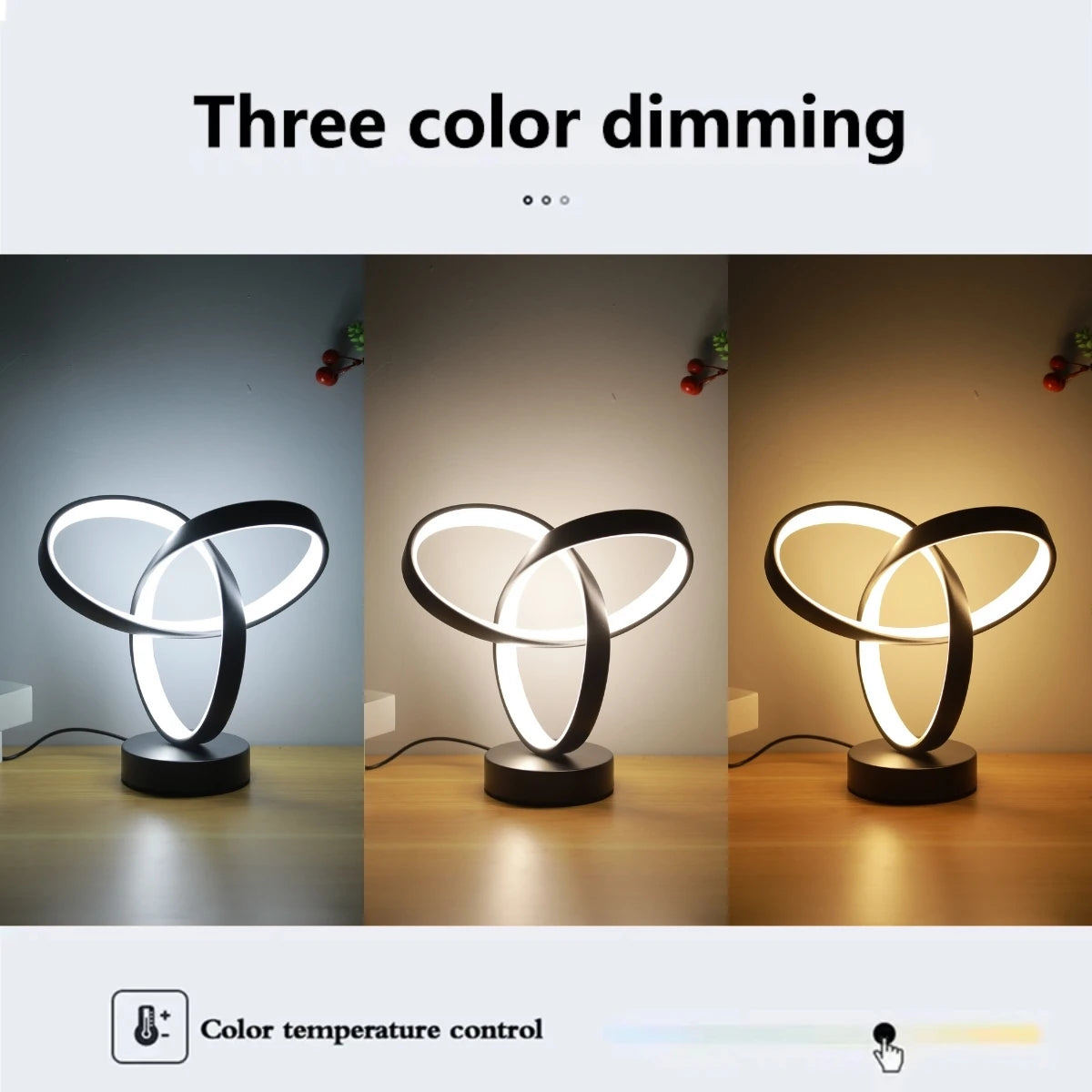 Three panels comparing the cool, neutral and warm light settings of the knot lamp