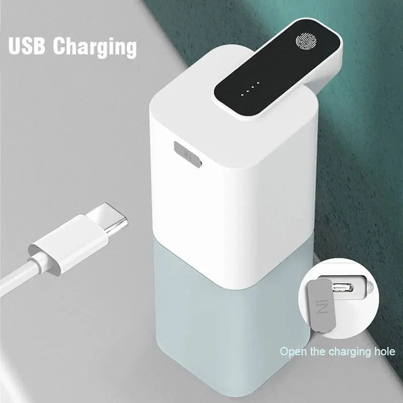 Panel showing the mint and white dispenser with a charging cable plugged in
