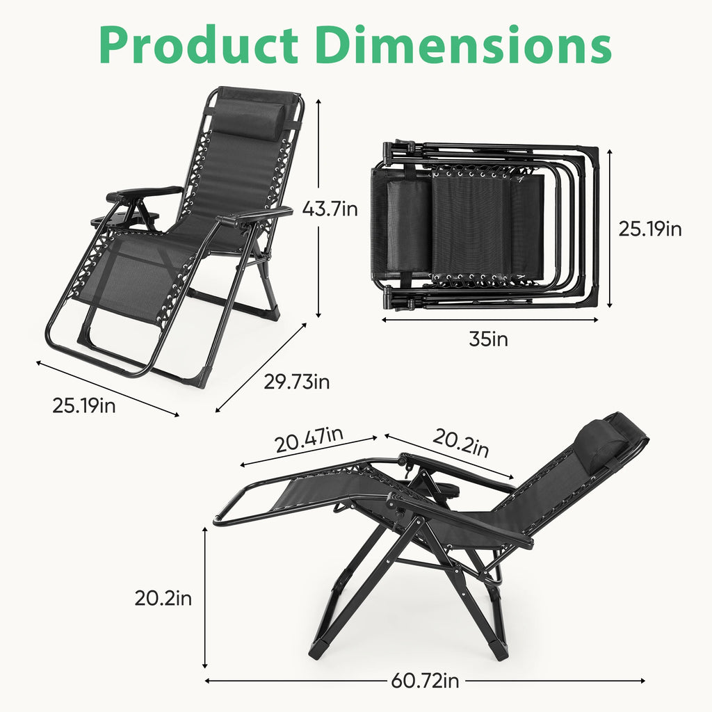 Size diagram of the padded recliner open and folded with width and length callouts