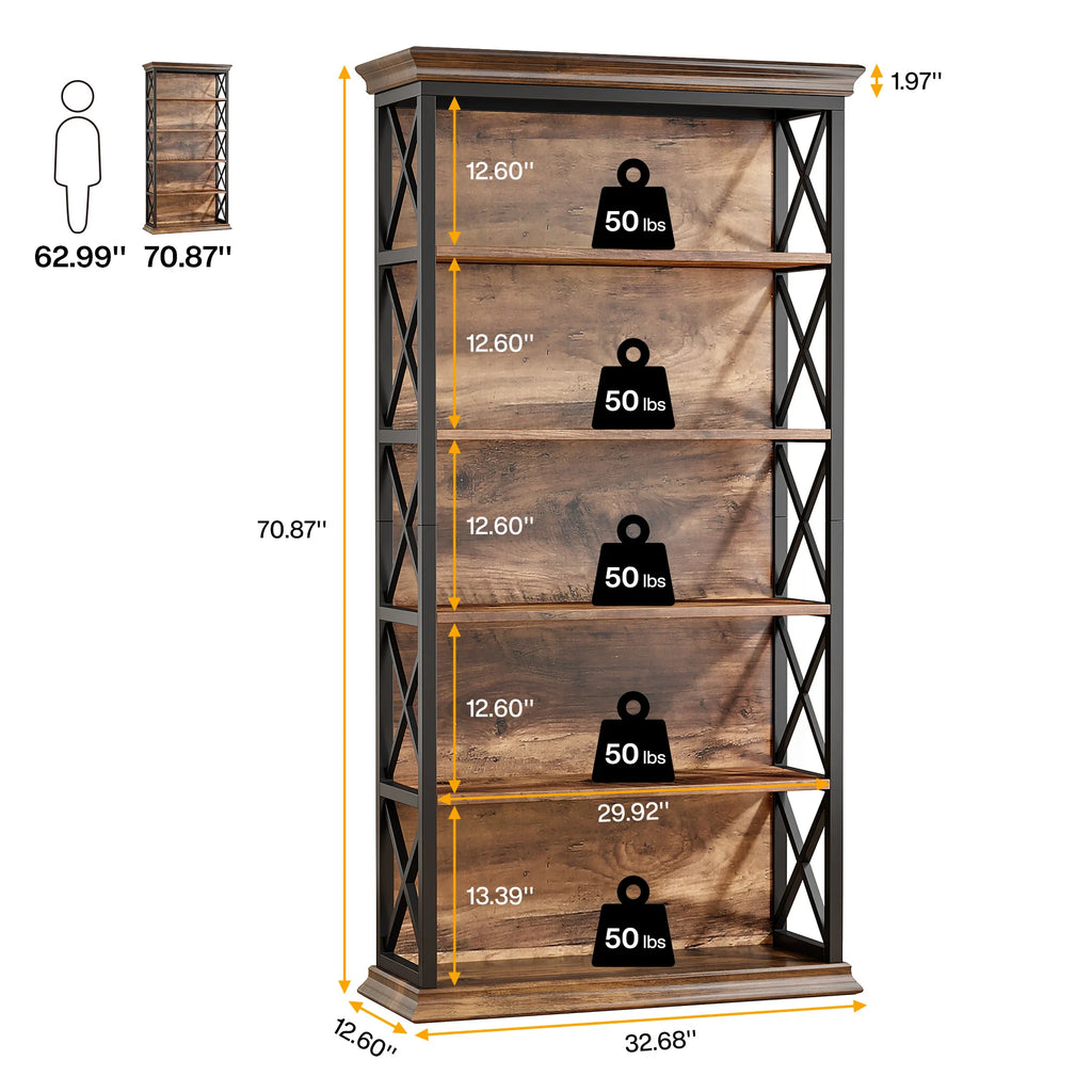 Diagram of the wood bookcase with per shelf load icons and sizes in inches