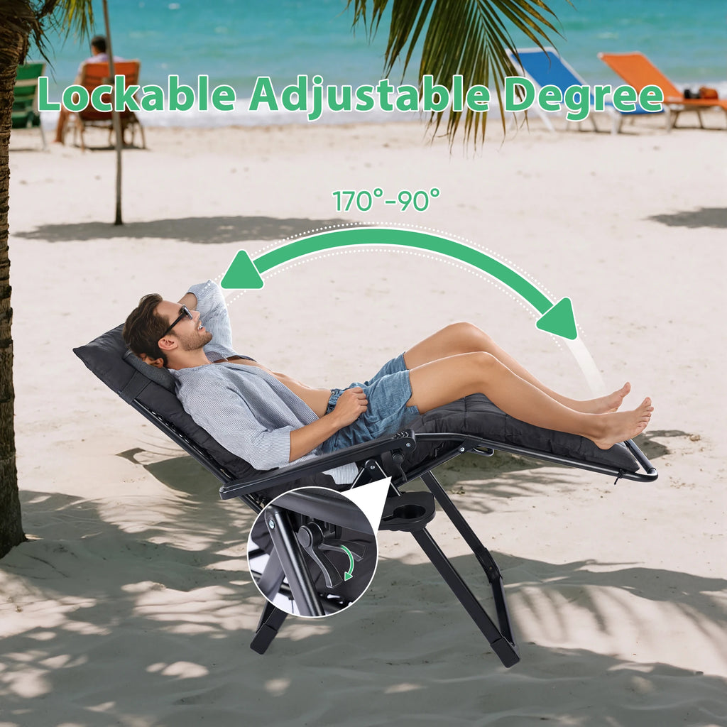Person lying back on the padded recliner with an arc marking the lockable recline range