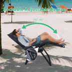 Person lying back on the padded recliner with an arc marking the lockable recline range