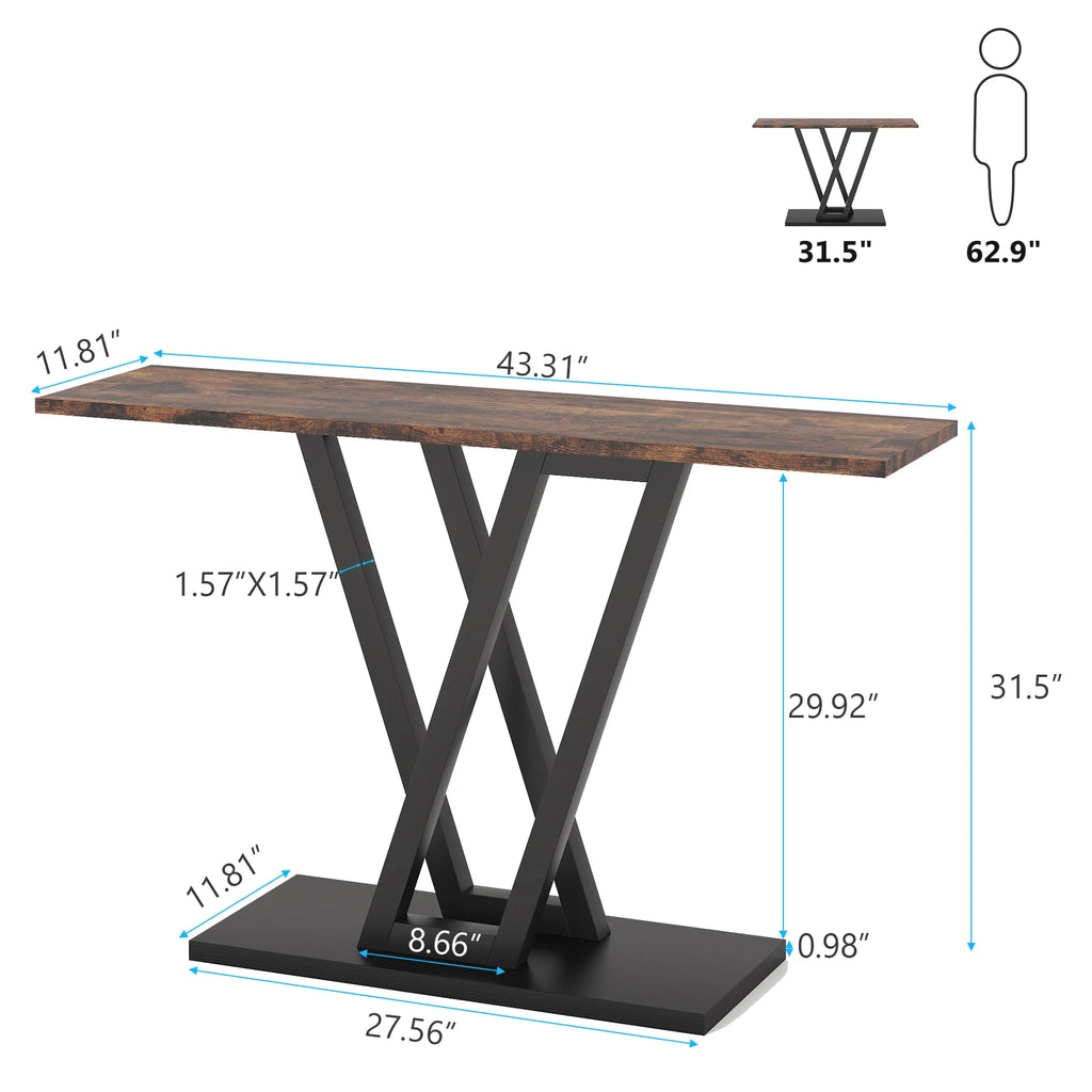 Dimension diagram of the wood top console on its black base with sizes marked