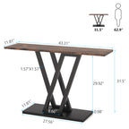 Dimension diagram of the wood top console on its black base with sizes marked
