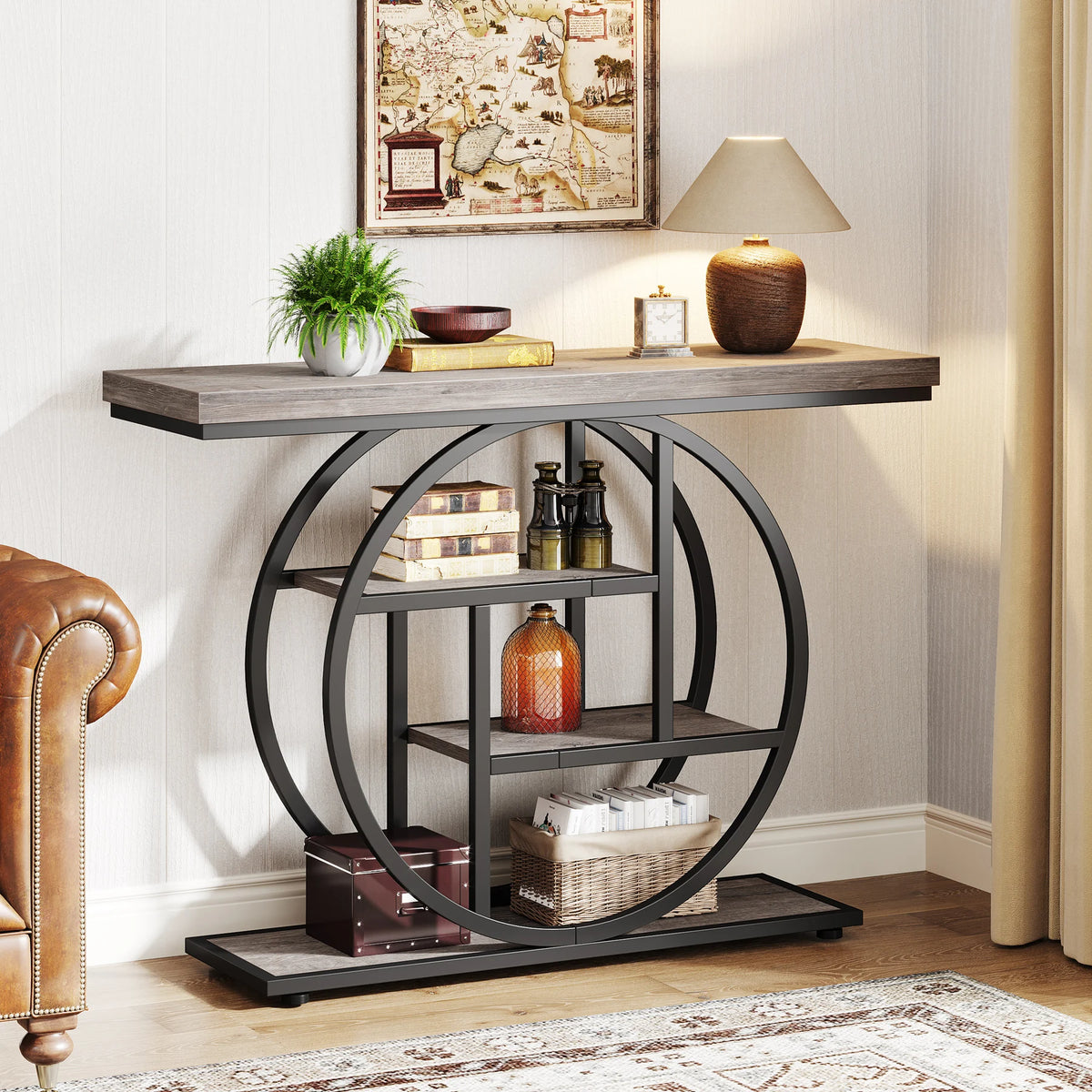 Four Tier Console Table, 41.3 in / 105 cm Narrow Entryway Hall Stand with Three Open Shelves on a Metal Ring Frame, Five Finishes