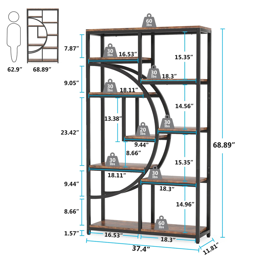 Spec diagram of the etagere with the load weight and width marked on each shelf