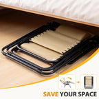 Beige lounger folded flat on a cream floor beside a space saving icon