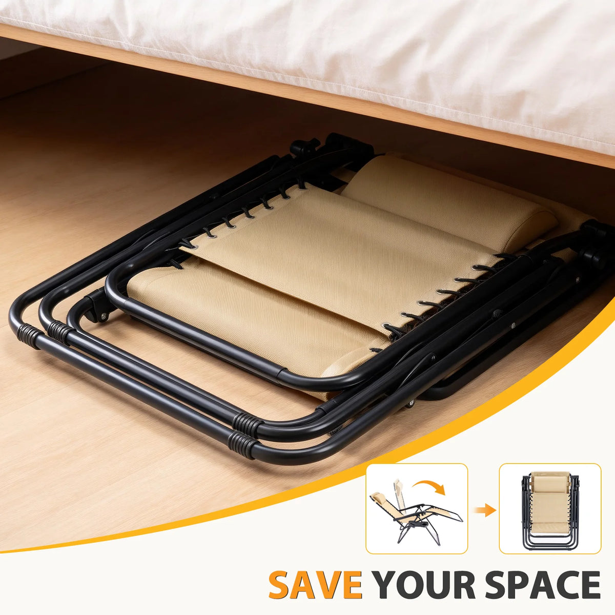 Beige lounger folded flat on a cream floor beside a space saving icon