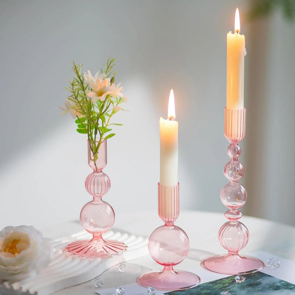 3Pcs Pink Glass Candlestick Holders Glass Taper Candle Holders Groovy Wavy Elegant Candle Stick for Home Party Decoration