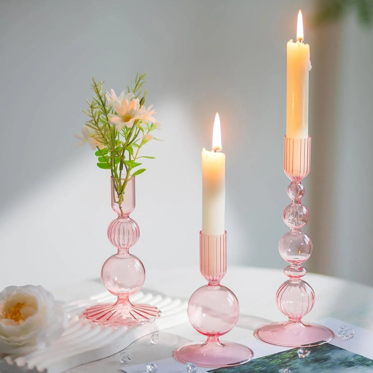 3Pcs Pink Glass Candlestick Holders Glass Taper Candle Holders Groovy Wavy Elegant Candle Stick for Home Party Decoration