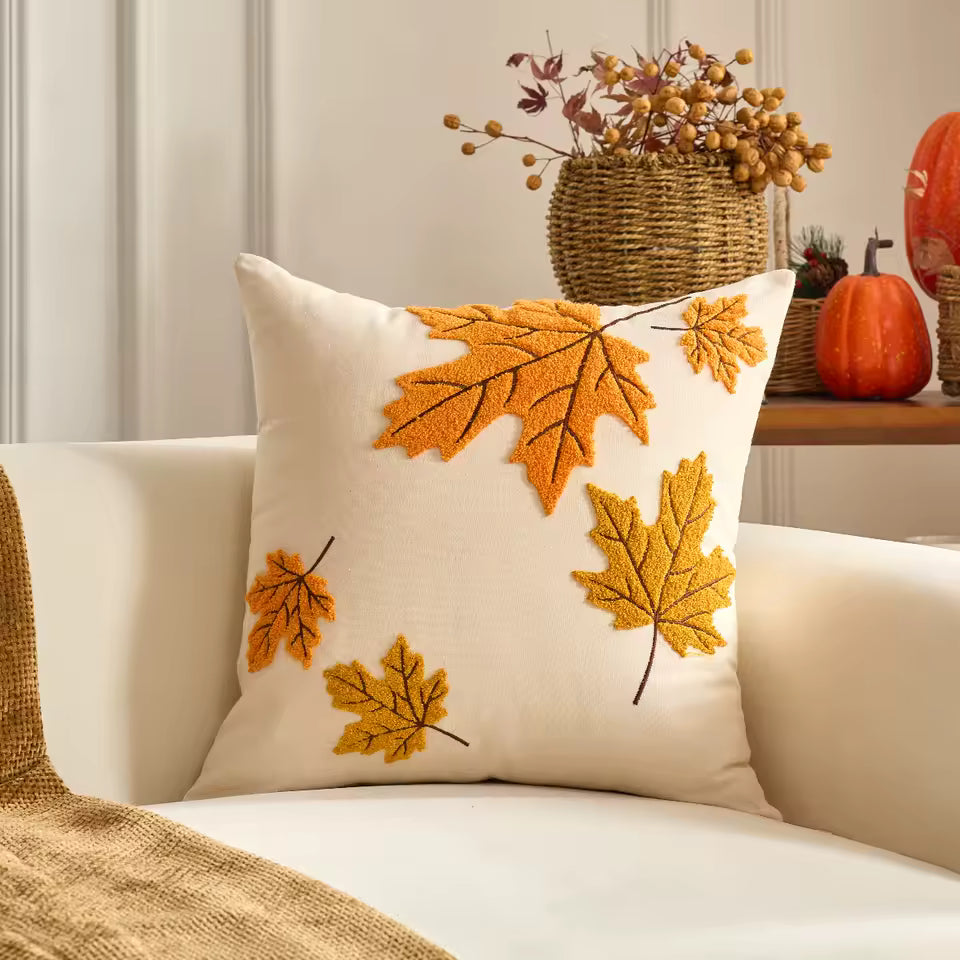 Maple Leaf Throw Pillow Cover, Tufted Velvet Autumn Cushion Case, Fall Leaves and Wreath Designs, 45 x 45 cm / 17.7 in or 30 x 50 cm / 19.7 in