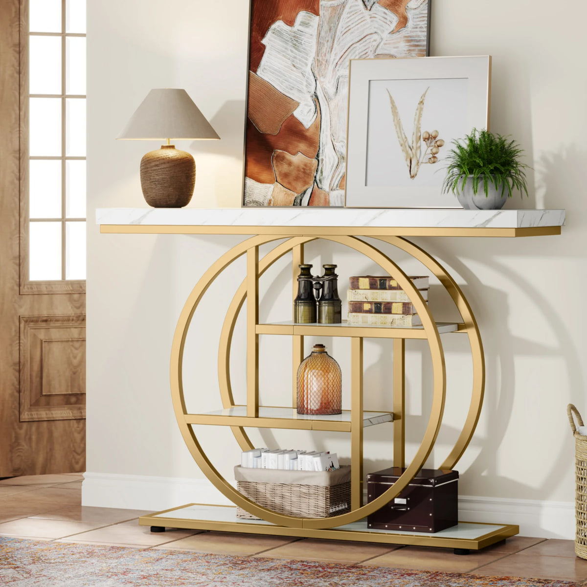 Gold ring frame console holding bottles and glasses along a papered wall