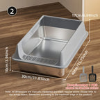 Measurement diagram of the size two gray litter box with a scoop icon on wood