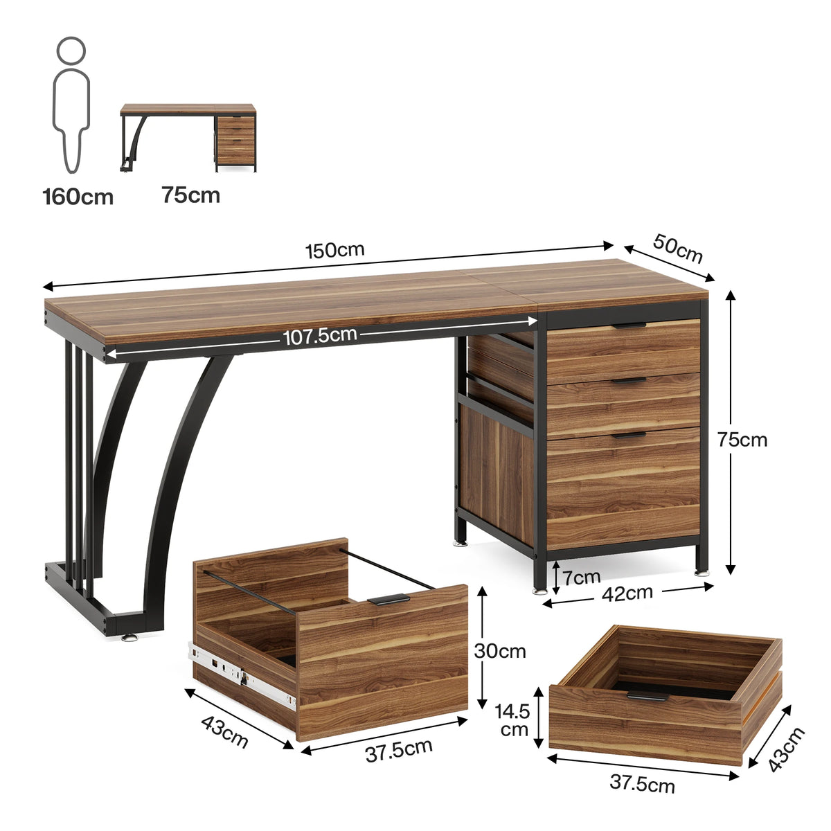 Dimension diagram of the desk in centimeters with drawer sizes marked