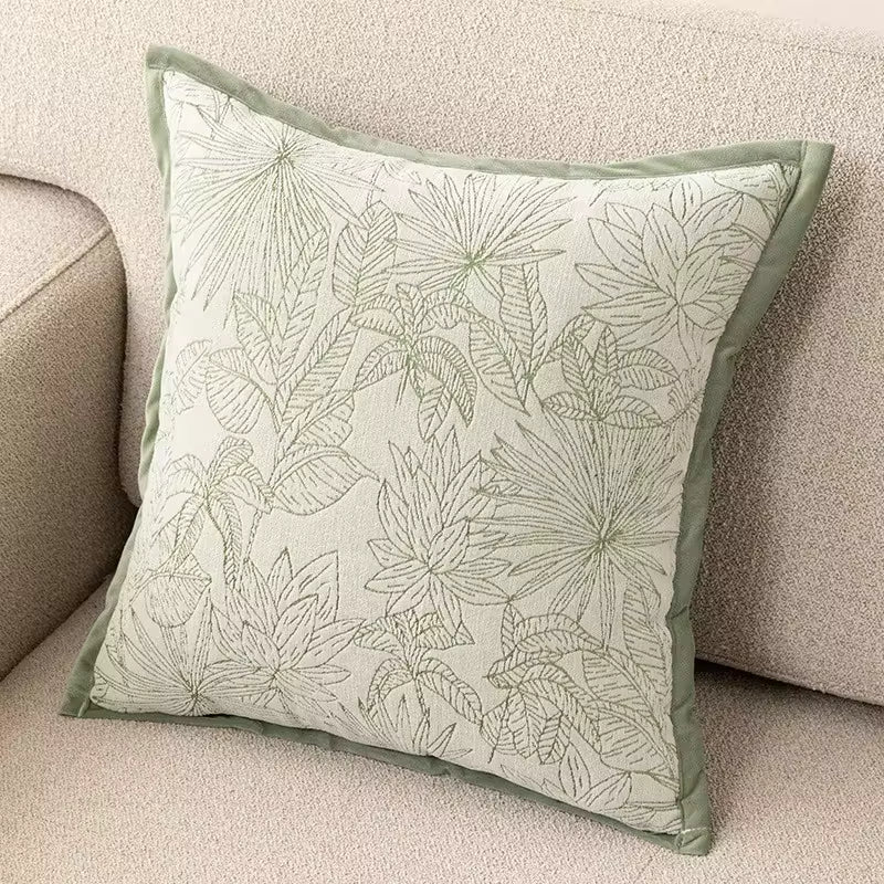 Sage Green Chenille Throw Pillow Cover, Woven Jacquard Cushion Case with Leaf and Floral Designs, 40 x 40 to 50 x 50 cm / 15.7 to 19.7 in