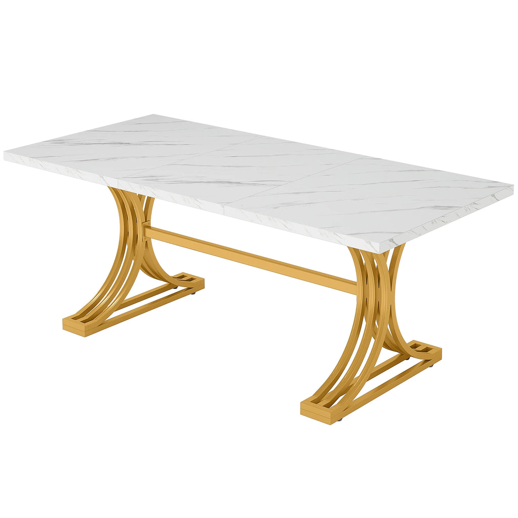 Studio render of the white marble table top on its polished gold fan base