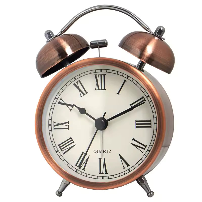 Twin Bell Alarm Clock, 12.5 cm / 4.9 in Metal Quartz Bedside Timepiece with a Backlit Dial, Roman or Arabic Numerals, for Bedroom and Desk