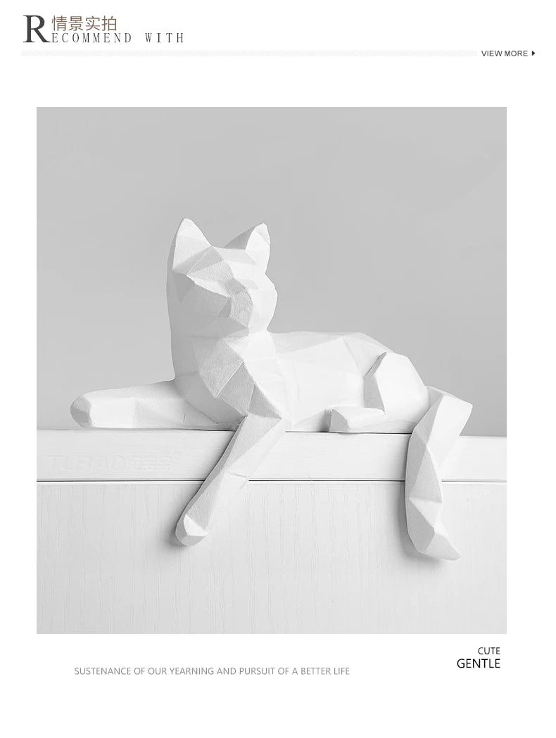 Single white faceted cat resting on a white ledge in a bordered layout panel