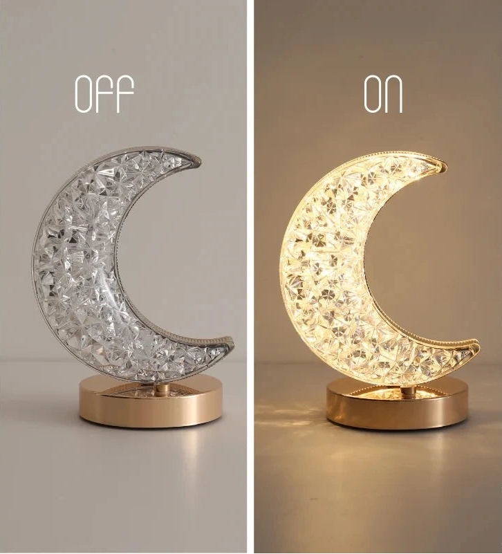 Two panels showing the crystal moon lamp switched off and then glowing warm